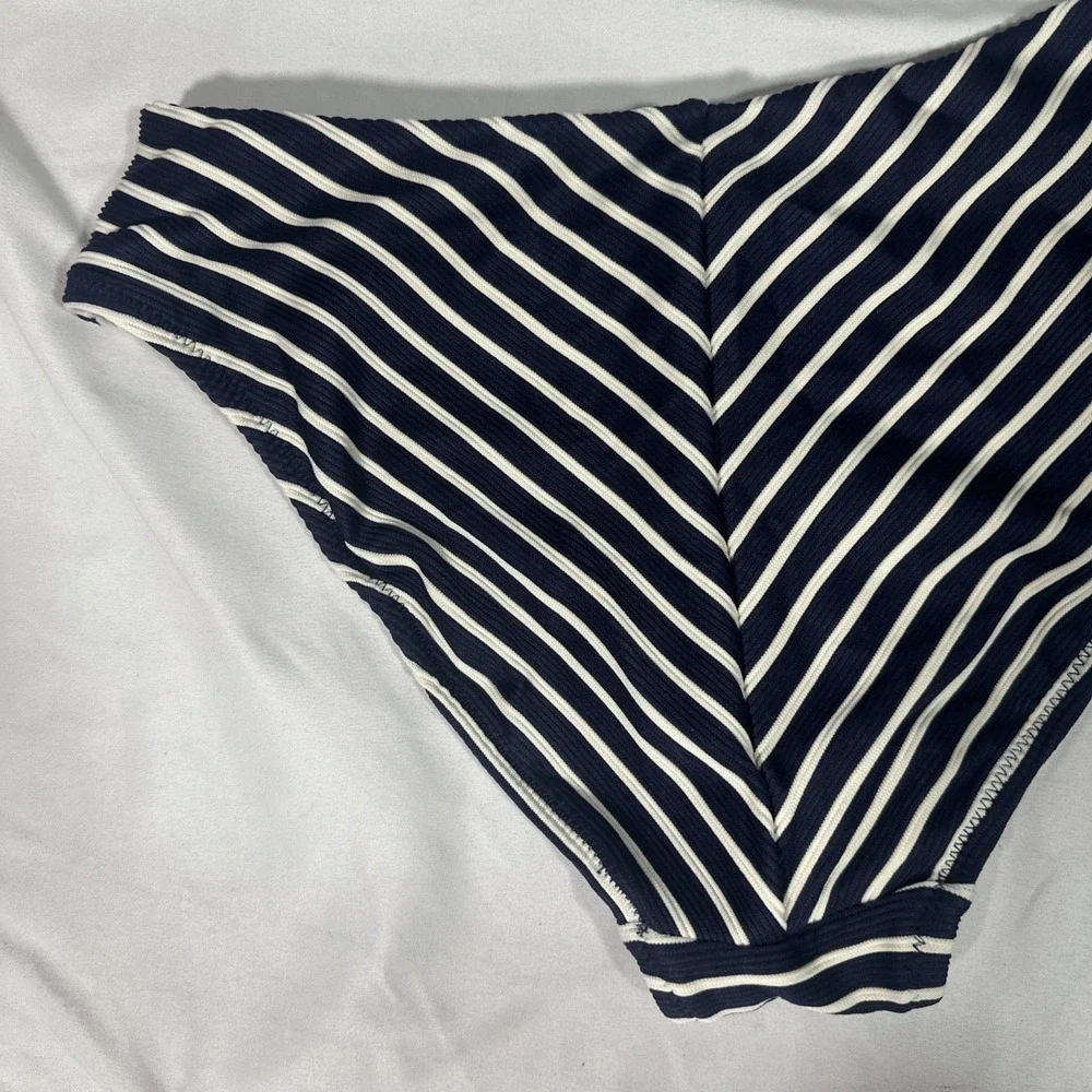 NEW Robin Piccone [‎ Large ] Parker High Waist Stripe Bikini Bottom Navy U1692